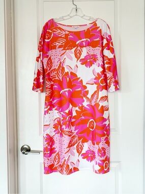 Before + Again Pink & White Floral Stretch Dress w/ 3/4 sleeves – Size Large